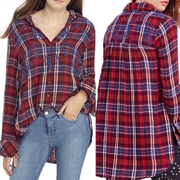 FREE PEOPLE MAGICAL EMBROIDERED OVERSIZED PLAID BUTTON DOWN - Picture 1 of 7